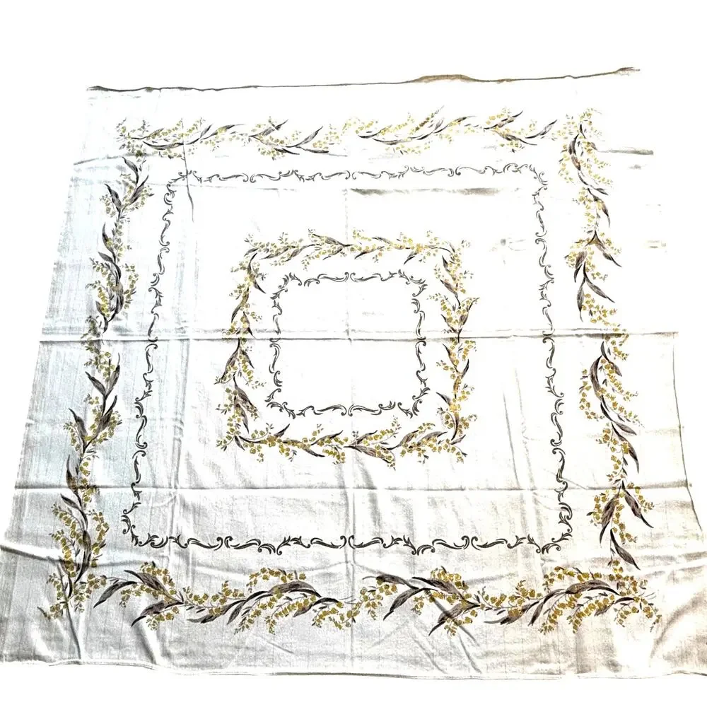 Vintage Tablecloth Cotton blend gray gold floral border print silver metallic